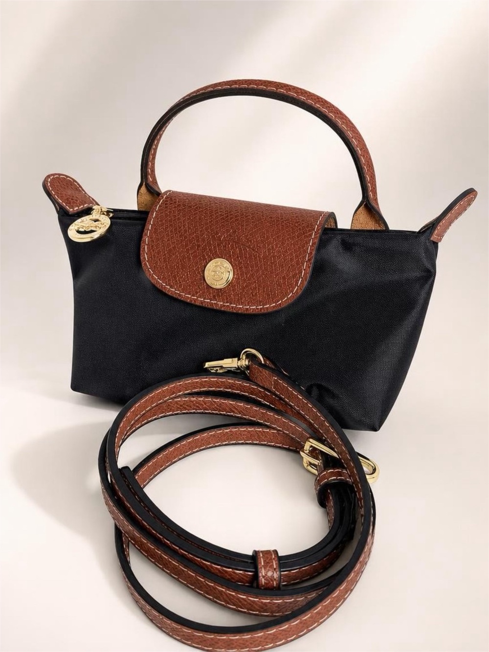 Longchamp Black Nylon Mini Top-Handle Bag with Brown Trim